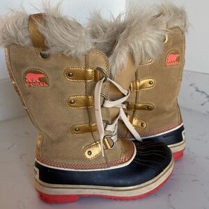 Sorel Joan of Arc Girls Snow Boots Kids Size 1 Gold and Pink Color